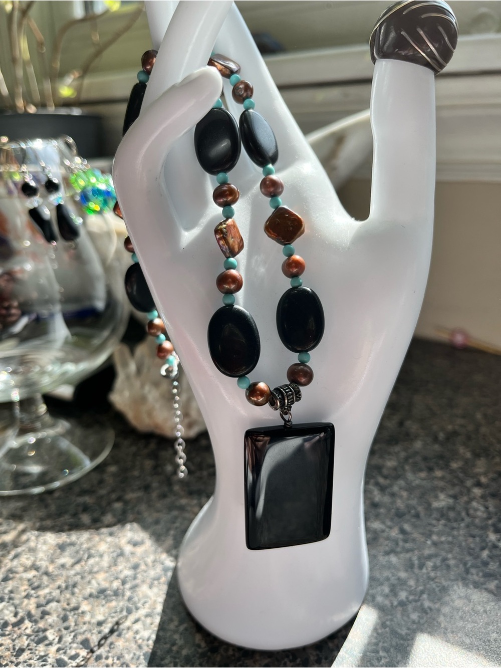 Boho Black onyx Necklace with Turquoise and bronze pearl Accents